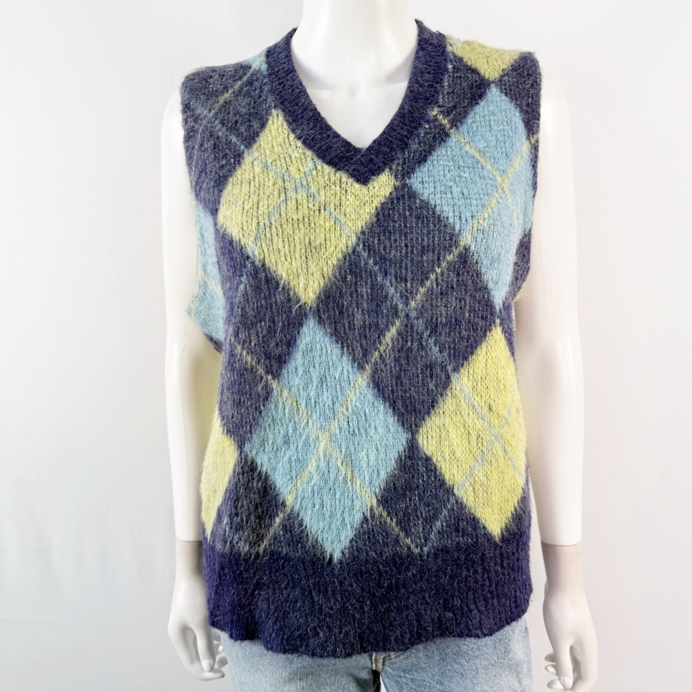 Vintage 70s Kennington California Blue Argyle Sweater Vest Size L Winter Preppy